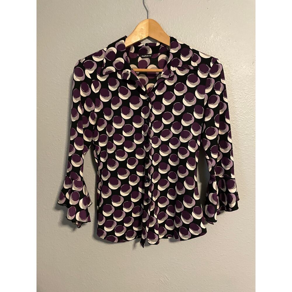 Vintage Anxiety Womens Top Small Purple Geometric Bell Sleeve Grunge 90s FLAW